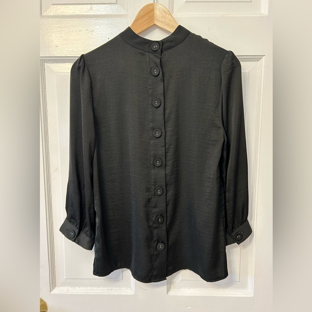 Black Silky Blouse by ModCloth | High Collar Full Back Button Pleated Shoulders